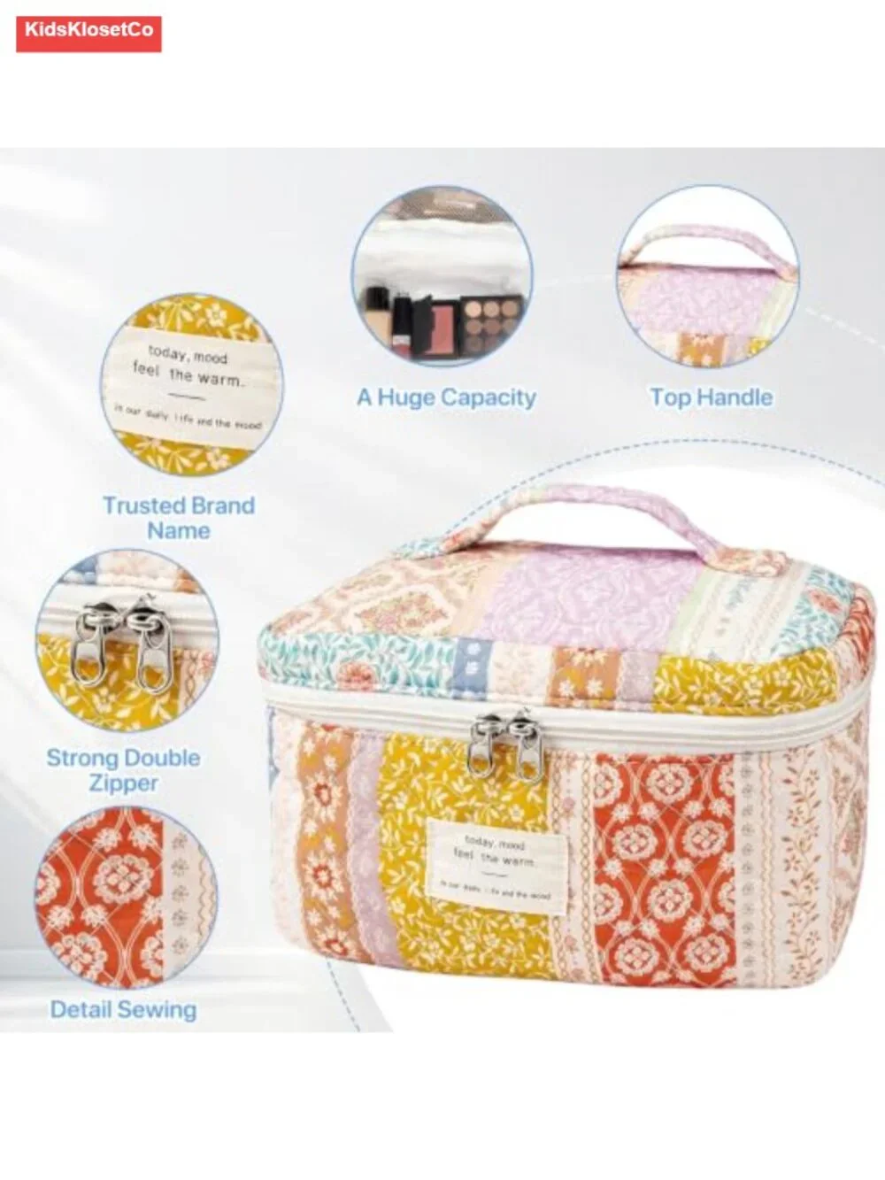 Large Quilted Cotton Cosmetic Bag Toiletry Organizer Travel Makeup Case